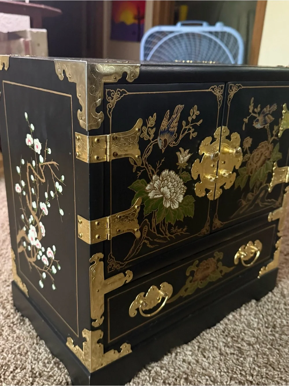 Beautiful Black laquared Vintage Floral Jewelry Cabinet with Gold Hardwood.